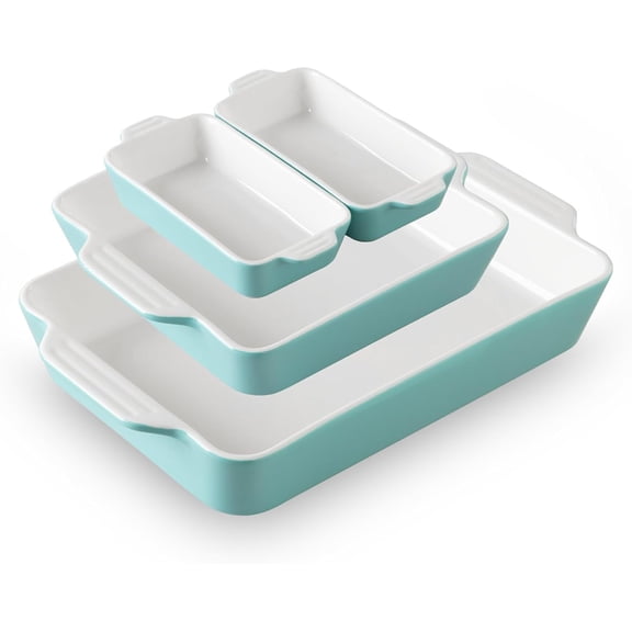 Ceramic Bakeware Set of 4 Rectangular Casserole Dishes with Handles for Oven Baking Lasagna Gratin and Roasting Turquoise