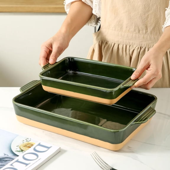 Ceramic Baking Casserole Dish Set with Handles, Large 9x13 inch Pan and Middle Baking Pan - Porcelain Serving Bakeware for Lasagna Roasting Vegetables (Forest Green)