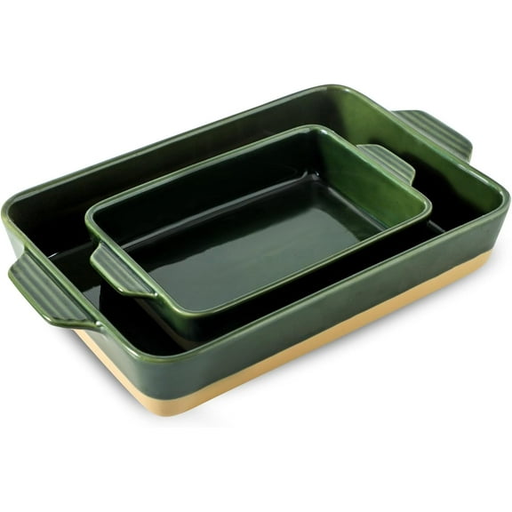 Ceramic Baking Casserole Dish with Handles, Large 9x13 inch Pan and Middle Baking Pan - Porcelain Serving Bakeware Set (Forest Green)