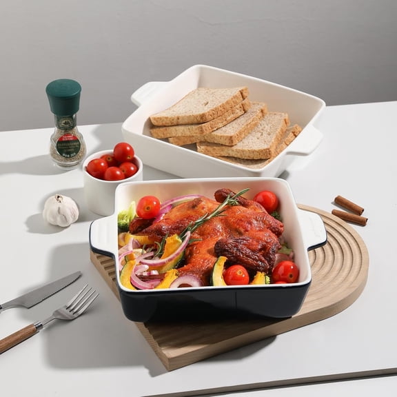 Ceramic Baking Dish, 9 x 9 Cake Baking Pan for Brownie, Porcelain Square Bakeware with Double Handle for Casserole, Lasagna, Family Dinner (White)