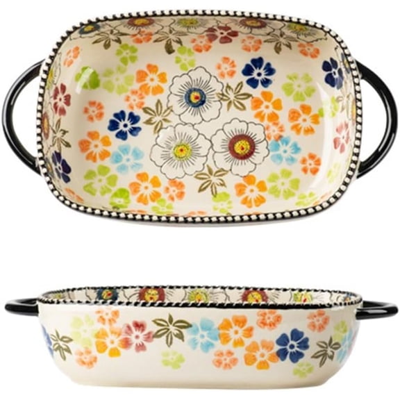 Ceramic Baking Dish Hand-Painted Double-Handled Baking Pan Colorful Floral Square Tableware Microwave Oven Roast Chicken Baking Pan Small