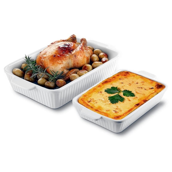 Ceramic Baking Dish Set (2-Piece) - 4.4QT & 1.8QT Rectangular Casserole Pans for Lasagna, Turkey, Cake - White Oven Safe Roaster Pans 13x9.5 & 10x7 Inch Dishwasher Safe