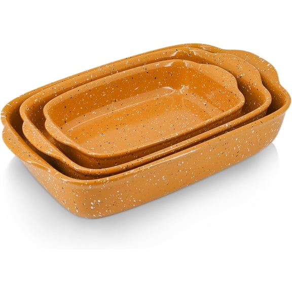 Ceramic Baking Dish Set of 3 Casserole for Oven Rectangular Bakeware Dishes with Handles Lasagna Pan Deep Handcraft Speckle Stoneware Series 13.8/12/9.6 Orange