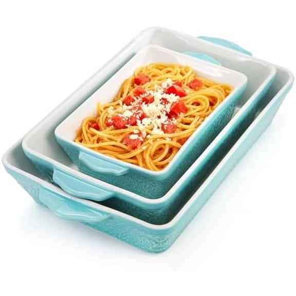 Ceramic Baking Dish Set of 3, Oven-to-Table and Non-Stick Rectangular Casserole Dishes with Sturdy Handles, Space-Saving Stack Lasagna Pan for Cooking, Serving, Roasting, Gifting, Turquoise