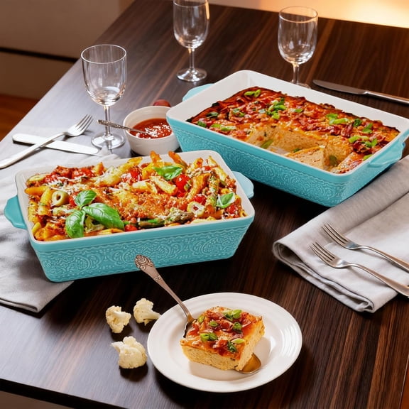 Ceramic Baking Dish Set of 3, Oven-to-Table and Non-Stick Rectangular Casserole Dishes with Sturdy Handles, Space-Saving Stack Lasagna Pan for Cooking, Serving, Roasting, Gifting, Turquoise