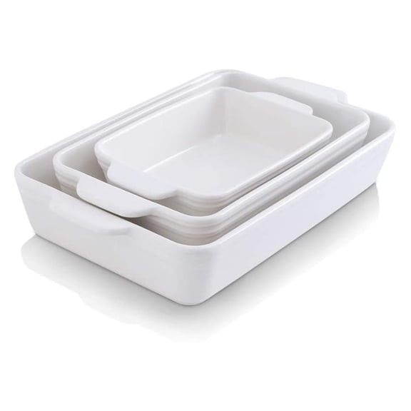 Ceramic Baking Dish Set 3-Piece Rectangular Casserole Pans for Cooking Cake Dinner Kitchen Oven Bakeware White