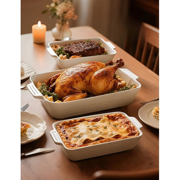 Ceramic Baking Dish Set of 3, Rectangular Casserole Pans with Handles for Oven, Deep Lasagna Bakeware for Cooking, Baking & Serving, White 16.1/12.2/9 Inch