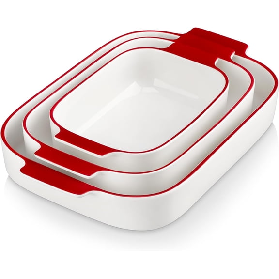 Ceramic Baking Dish Set of 3, Rectangular Lasagna Pans with Handles, White with Red Trim, 13.8 Inch / 11.7 Inch / 9.4 Inch, Oven Safe to 450  F, Dishwasher Safe