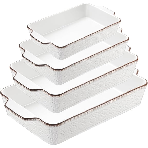 Ceramic Baking Dish Set of 4, Non-Stick Rectangular Bakeware with Handles, Oven Microwave Dishwasher Safe, White (3.8/2.6/1.7/1.1 Qt)