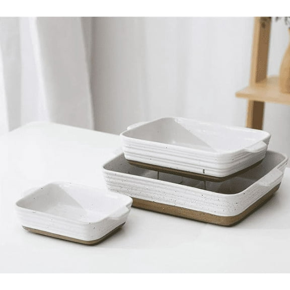 Ceramic Baking Dishes - Set of 3 Oven Safe Stoneware Rectangular Oven to Table Casserole Lasagna Cake Pans in Modern Country (3 Sizes, White Farmhouse)