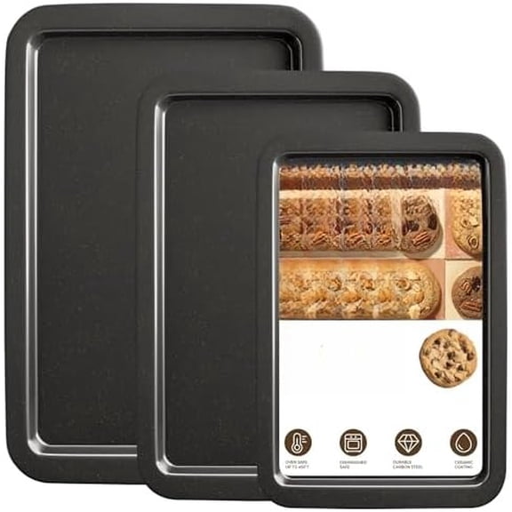 Ceramic Baking Sheet Pan Set, Cookie Sheet for Oven, Bakeware Sets with Wider Grips, 3 Pack Half/Jelly Roll/Quarter Baking Tray, Premium, Dishwasher Safe - Dark Grey