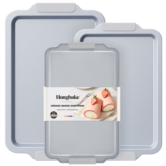 HONGBAKE Non Toxic Ceramic Cookie Sheets for Baking, 3-piece Non Stick Baking Sheet Pans for Oven, Heavy Duty Aluminized Steel Baking Pans Set with Silicone Handles -Gray