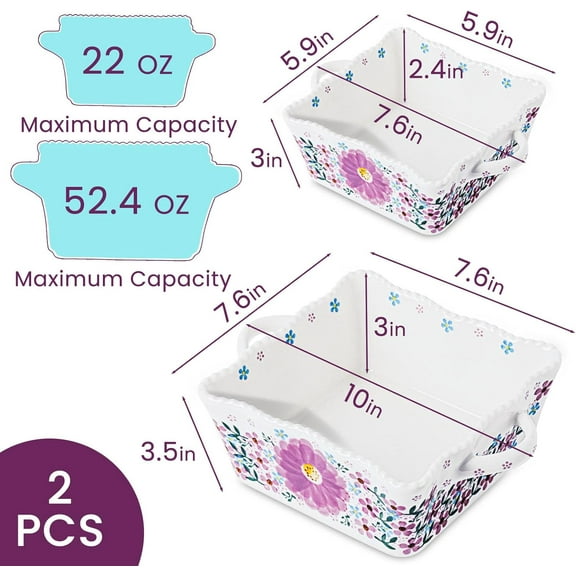 Ceramic Baking Tray Set with Handles, Rectangular Blue Rose Design, Oven Safe, Microwave & Dishwasher Safe