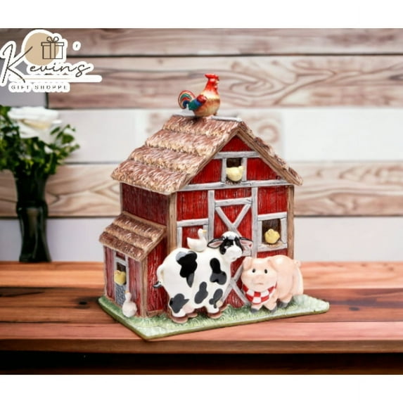 Ceramic Barn House Cookie Jar with Farm Animals 9x7.5x10.38 Fall