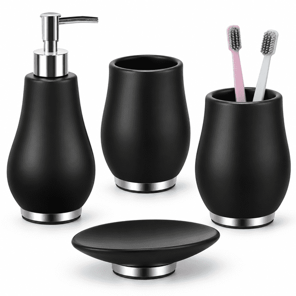 Ceramic Bathroom Accessories Set Black 4 Piece Tulip Design