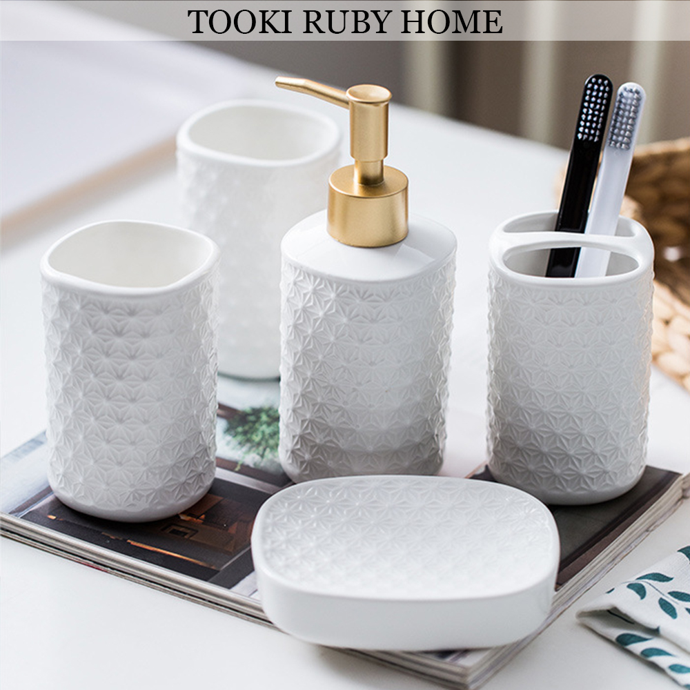 Bathroom Accessories Set, Toothbrush Holder, Soap Dispenser, Rose Gold