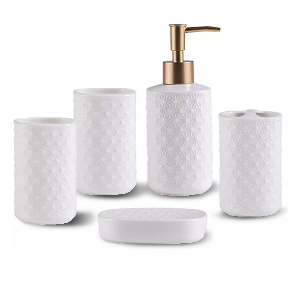 Ceramic Bathroom Accessory Set, 5 Pcs Bathroom Accessories Set - 1 Soap Dispenser, 2 Tumblers, 1 Toothbrush Holder, 1 Soap Dish, Relief Design, Matte White - Walmart.com