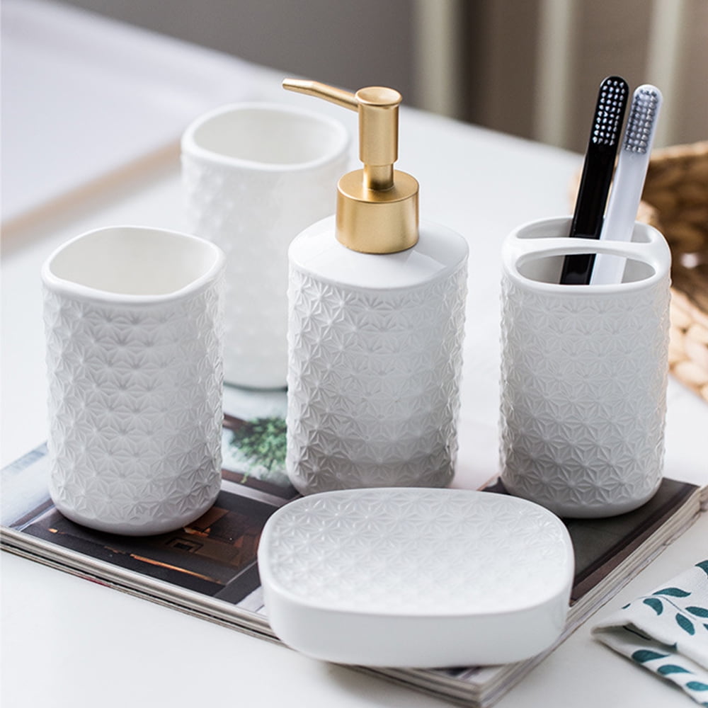 Matte White, 5-Pcs Ceramic Bathroom Accessory Set - Bath & Toothbrush ...
