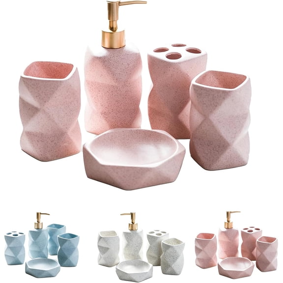 Ceramic Bathroom Accessory Set 5PCS, Irregular Bathroom Accessories Set, Faceted Ceramic Liquid Soap Dispenser, Soap Dispenser, Rinse Cup, soap Dish, Toothbrush Holder (Pink)