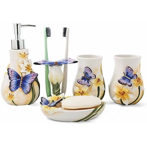 Ceramic Bathroom Accessory Set Dancing Butterfly Ceramic 5 Pieces Set,Including Toothbrush Holders,2 Gargle Tooth-Brushing Cups,Soap Dishes,Soap & Lotion Dispenser$$Home Decor, Kitchen, & Other
