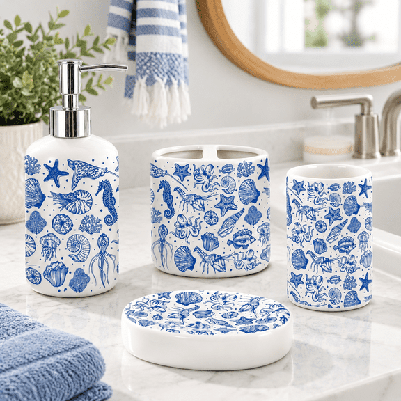 Ceramic Bathroom Accessory Set, Seashell Starfish Nautical Decor, 4-Piece