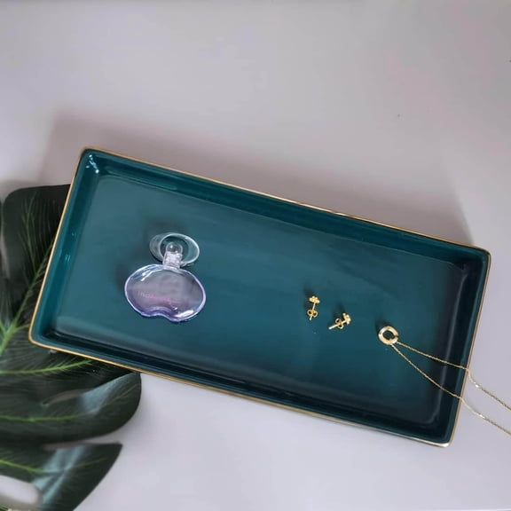 Ceramic Bathroom Tray for Countertop, Decorative Vanity Tray for Dresser Tops, Rectangular Tray for Perfume, Candle, Jewelry, Cosmetics (Green)