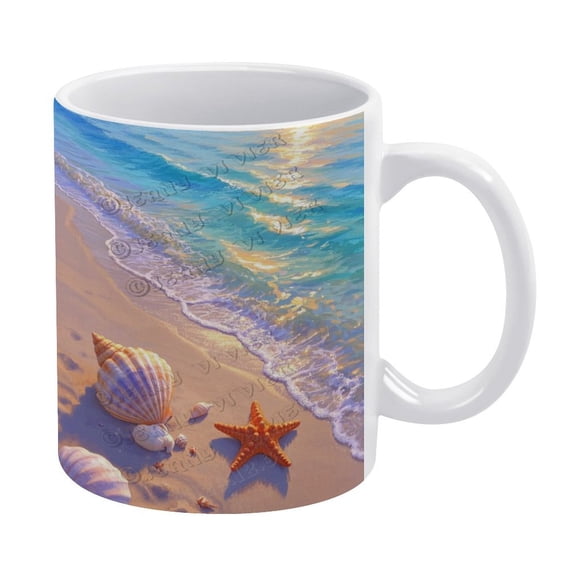 Ceramic Beach And Seashells Coffee Mug, 11 Oz, Non-Slip Base, Perfect for Enjoying Tea or Coffee