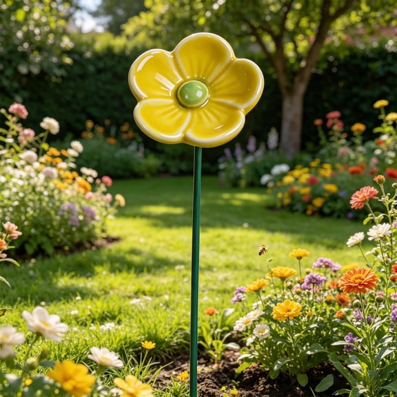 Ceramic Bee Cups for Garden, Flower-Shaped Bee Watering Station, Butterfly & Pollinators Water Feeder, No Tool Required, Outdoor Bees Bath Bowl Gardens Stakes for Lawn Yard Patio