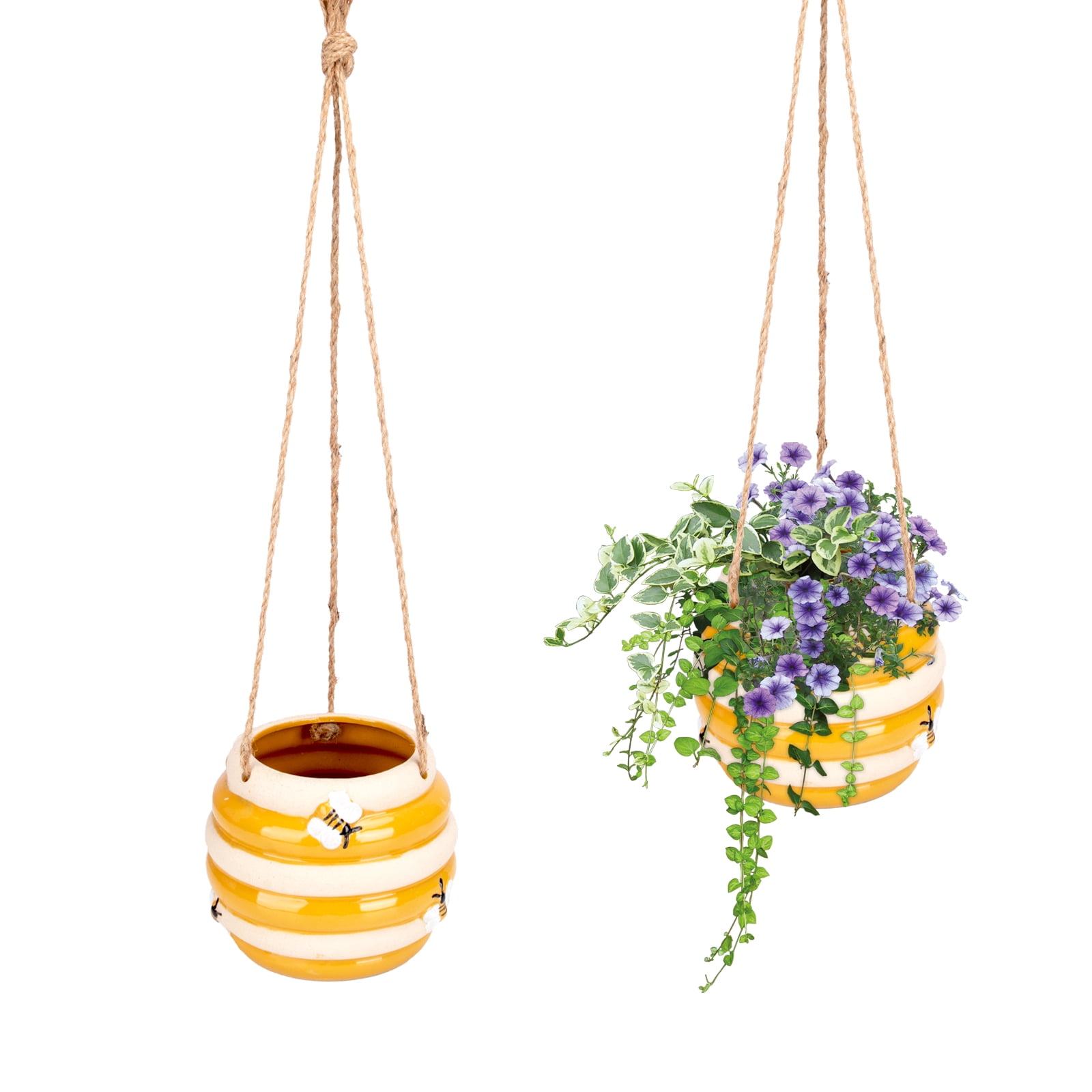 Ceramic Bee Hive Hanging Planter – Yellow & White Striped Flower Pot with Jute Rope Hanger, Bee Decor for Indoor/Outdoor Plants, Succulents & Flowers