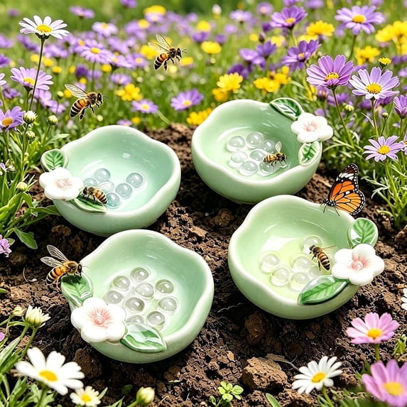 Ceramic Bee Watering Station, Floral Decor Bee Water Bowl Pollinator Water Dish for Garden Yard Patio, Butterfly Bee Drinking Habitat