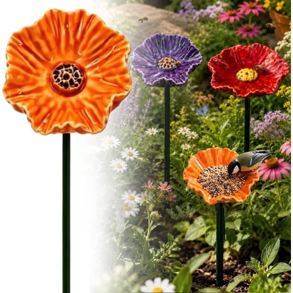 Ceramic Bee Watering Station for Garden, 25cm Bee Blossoms for Water Ceramic, Pollinator Feeder Flowers for Bees, Water Drinking Station Bowl, Rain Catcher Mini Bird Baths On Stakes