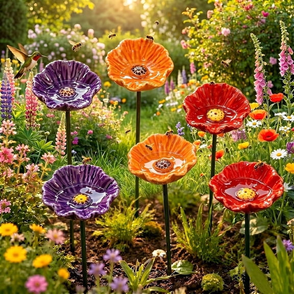Ceramic Bee Watering Station for Garden, 6 PCS Bee Watering Cups on Stakes, Bee Water Station & Pollinator Watering Station, Butterfly Watering Station, Rain Catcher Mini Bird Bath for Birds