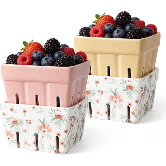 Ceramic Berry Basket, Farmhouse Fruit Bowl Container for Fruit & Vegetables, Farmers Market, Pink Floral Pattern, Kitchen Decor, Stoneware Harvest Bowls, Set of 4
