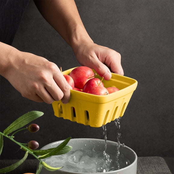 Ceramic Berry Basket Fruit Colander with Drainage Holes for Washing Strawberries Blueberries and Kitchen Counter Storage