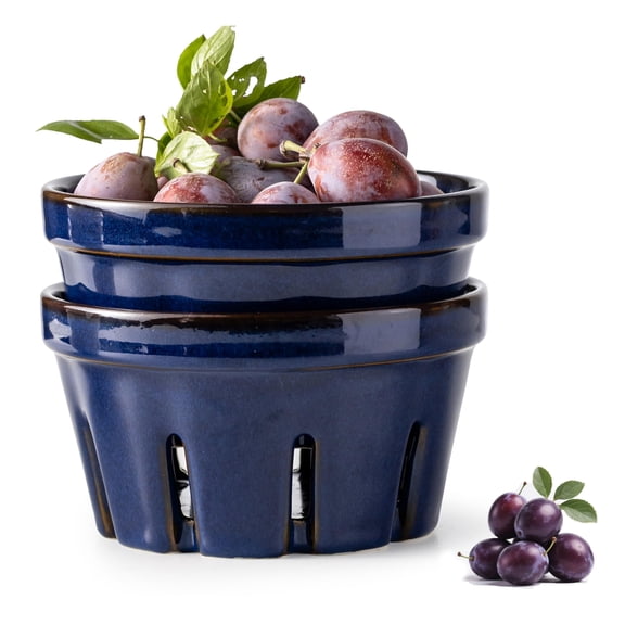 Ceramic Berry Basket Set Of 2  Round Fruit Bowl With Holes 5.8 Inch Storage Containers Strawberry Baskets Farmhouse Kitchen Decor - Cobalt Blue