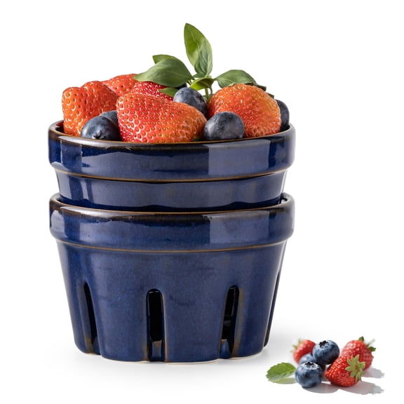 Ceramic Berry Basket Set Of 2  Round Fruit Bowl With Holes Storage Containers For Fridge Small Kitchen Berries Strawberry Grape Cherry - Cobalt Blue