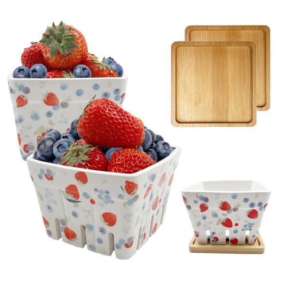 Ceramic Berry Basket with Coasters, Fruit Colander for Strawberries Blueberries
