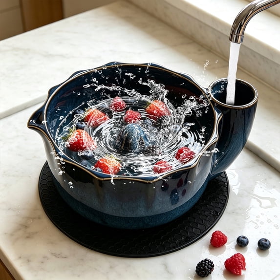Ceramic Berry Bowl Fruit Bowl, Berry Bowls with Holes Ceramic, Berry Washing Bowls, Auto-Spin Washing & Drainage System, Swirl Rinsing Bowl for Kitchen Counter
