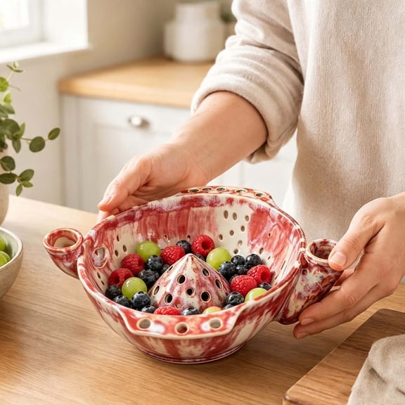 Ceramic Berry Bowl, Fruit Washer Colander, Kitchen Drain Basin, Self-Rotating Quick Dry Ceramic Strainer Bowl(Red)