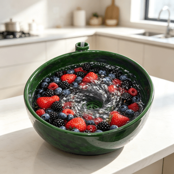 Ceramic Berry Vortex Washing Bowl with Drain Holes and Hose Port Gentle Water Swirl Fruit Cleaner Kitchen Colander Strainer, 5.9 Inch