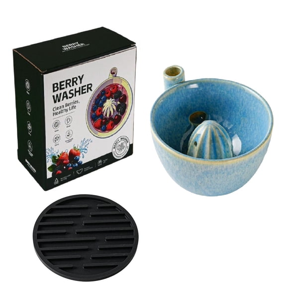 Ceramic Berry Washing Bowl with Mat, 5.91X3.23 inch Berry Cleaning Bowl, Automatic Berry Strainer, Cyclic Water Fruit Washer, Vegetable Cleaning Colander, Multi Purpose Kitchen Food Rinse Drain Bowl