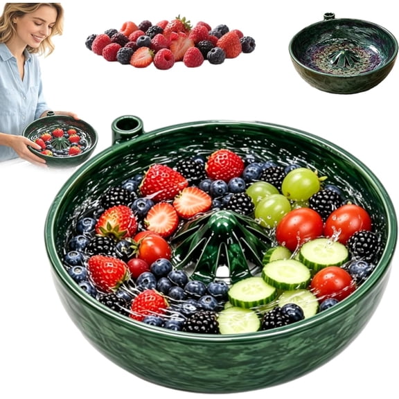 Ceramic Berry Washing Bowl, Self Spinning Fruit Colander with Drain Holes, 360 Degree Vortex Rinser for Kitchen