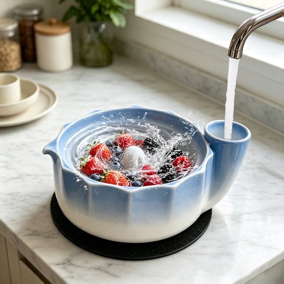 Ceramic Berry Washing Bowl, Spinning Fruit Rinse Strainer Bowl, Multifunctional Kitchen Produce Basin, Colander Bowl for Home Kitchen Berry Fruit Vegetable Cleaning