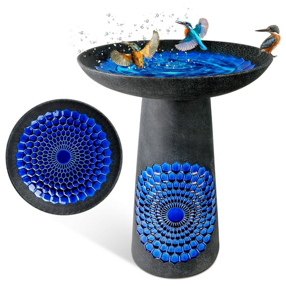 EFISPSS Ceramic Outdoor Bird Bath with Diamond and Blue Decor