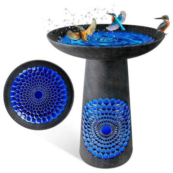 EFISPSS Ceramic Outdoor Bird Bath with Diamond and Blue Decor