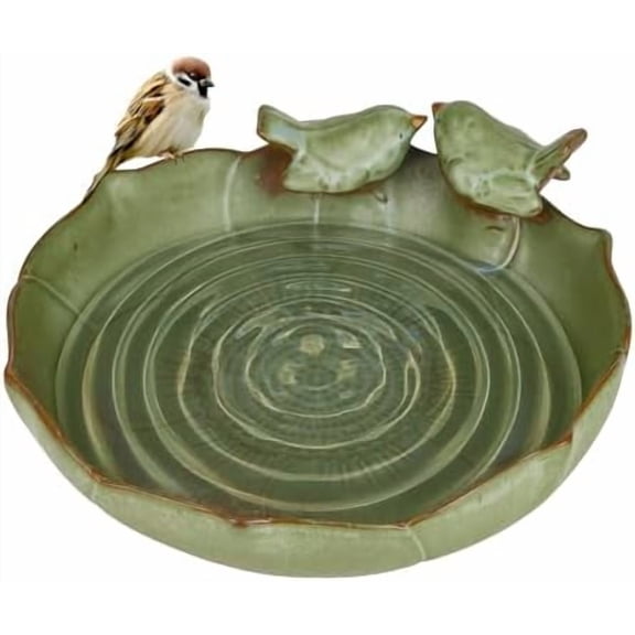 Ceramic Bird Bath Bowl for Outdoors, 9.45-Inch Ground & Tabletop Garden Decor, Weather-Resistant Birdbath for Deck, Balcony, Lawn - Easy Clean Bowl Only - Sage Color$$Garden & Patio