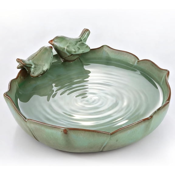Ceramic Bird Bath Bowl for Outside - 9.8" Green Heavy Garden Birdbath Basin, Ground or Tabletop Water Dish & Feeder for Birds, Bees, and Butterflies, Durable Weather-Resistant Outdoor Decor