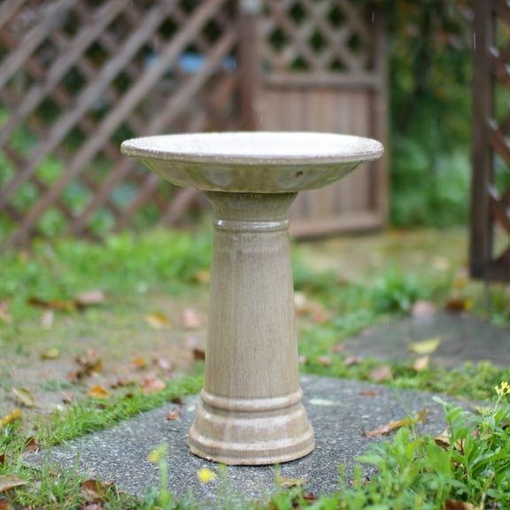 Ceramic Bird Bath For Outdoor Garden, 12.4 Inch Diameter Pedestal Birdbath, Vintage Khaki Glazed Tall Bird Bath Bowl, Backyard Patio Yard Wild Bird Water Feeder Decor