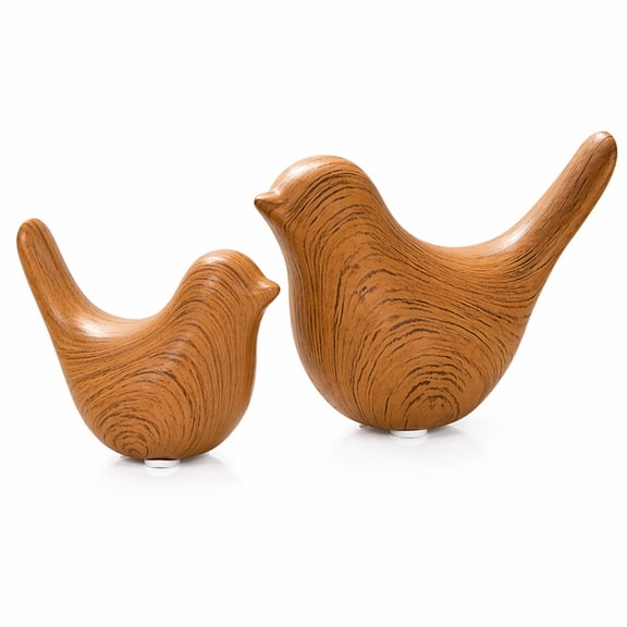 Ceramic Bird Figurines Set of 2, Wooden Look Farmhouse Decor, Rustic Bird Statues, Modern Minimalist Tabletop Ornament for Living Room Shelf Desk Coffee Table