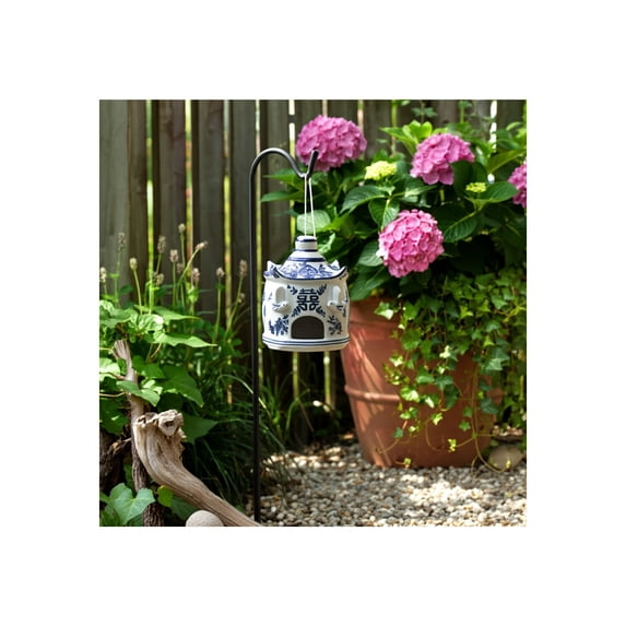 Round Bird Feeder for Garden or Yard Decor and Outside Display - Ceramic Hanging Bird House Design for Outdoor, Window or Floor - Decorative Bath Feeder for Garden Styling - 8", White & Blue
